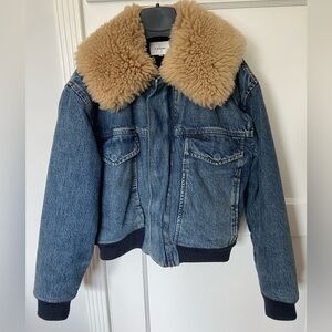 FRAMED Denim Jacket with Shearling Collar - Blue & Tan